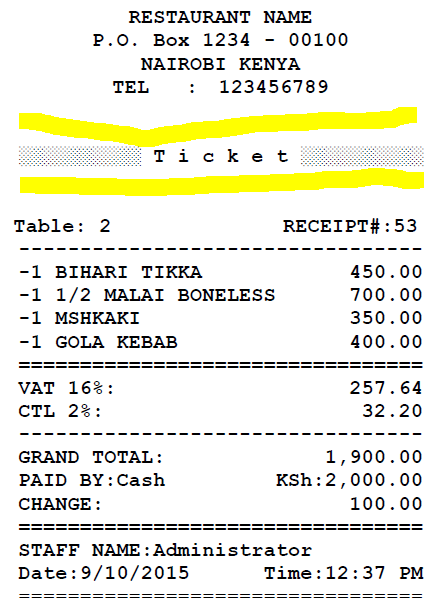 restaurant receipt sample